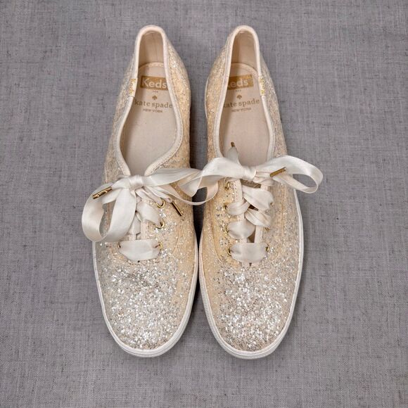 Kate Spade Keds Triple KS Glitter Sneakers Cream Canvas Lace Up‎ Platform 8.5 - Picture 5 of 11